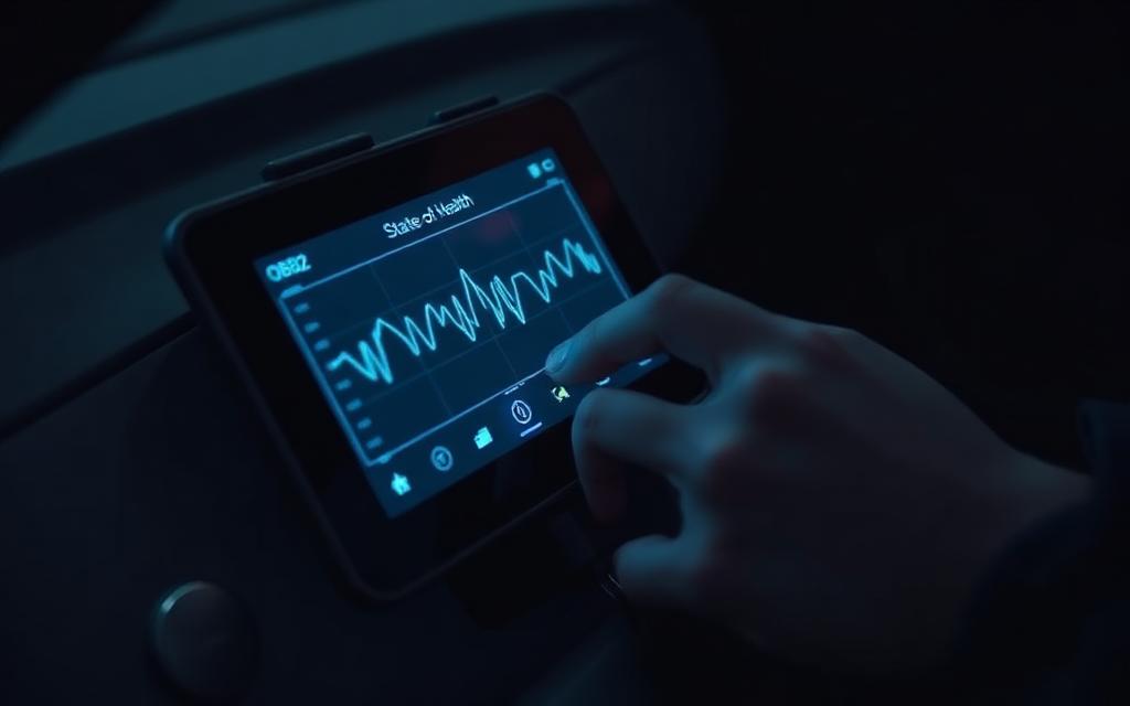 Diagnostic tablet plugged into an EV showing a State of Health waveform