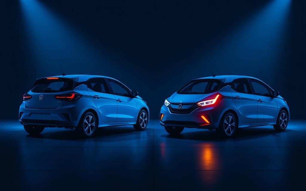 Two identical compact electric hatchbacks side by side under cool lighting